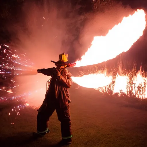 Image similar to photo of a clown using a flamethrower projecting a long bright flame towards a fire