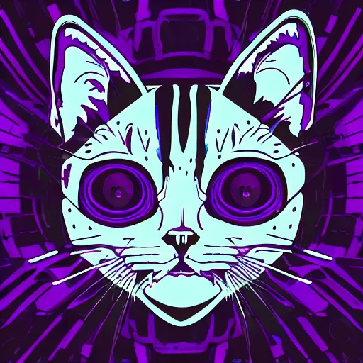 Image similar to a simplified vector based illustration about a cyberpunk kitten, centred face portrait, space colors, smooth and clean vector curves, no jagged lines