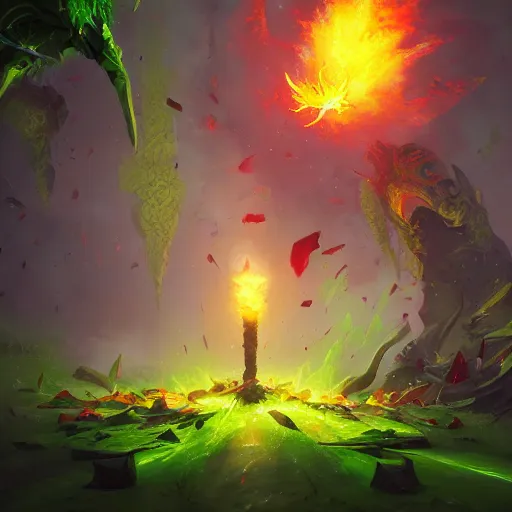 Image similar to arcane style green leaves explosion, green leaves, bright art masterpiece artstation. 8k, sharp high quality artwork in style of Jose Daniel Cabrera Pena and Greg Rutkowski, concept art by Tooth Wu, blizzard warcraft artwork, hearthstone card game artwork, leaves exploding, leaves explosion