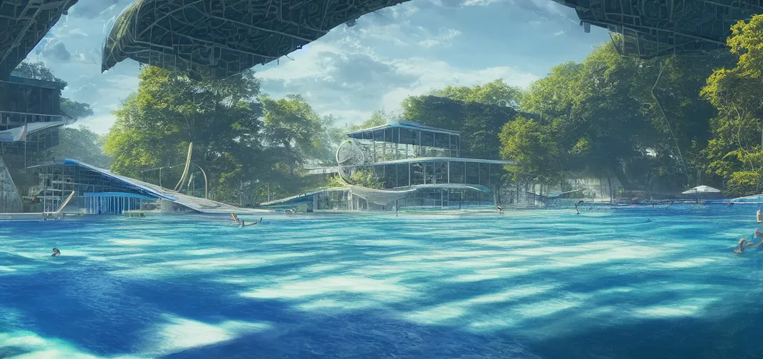 Image similar to view of a utopian solarpunk swimming complex, blue clear skies, waves, caustics, dappled light, cinematic lighting, ultra detailed, sharp, ambient occlusion, raytracing, 3 d artstation render by greg rutowski, finnian macmanus and jessica rossier