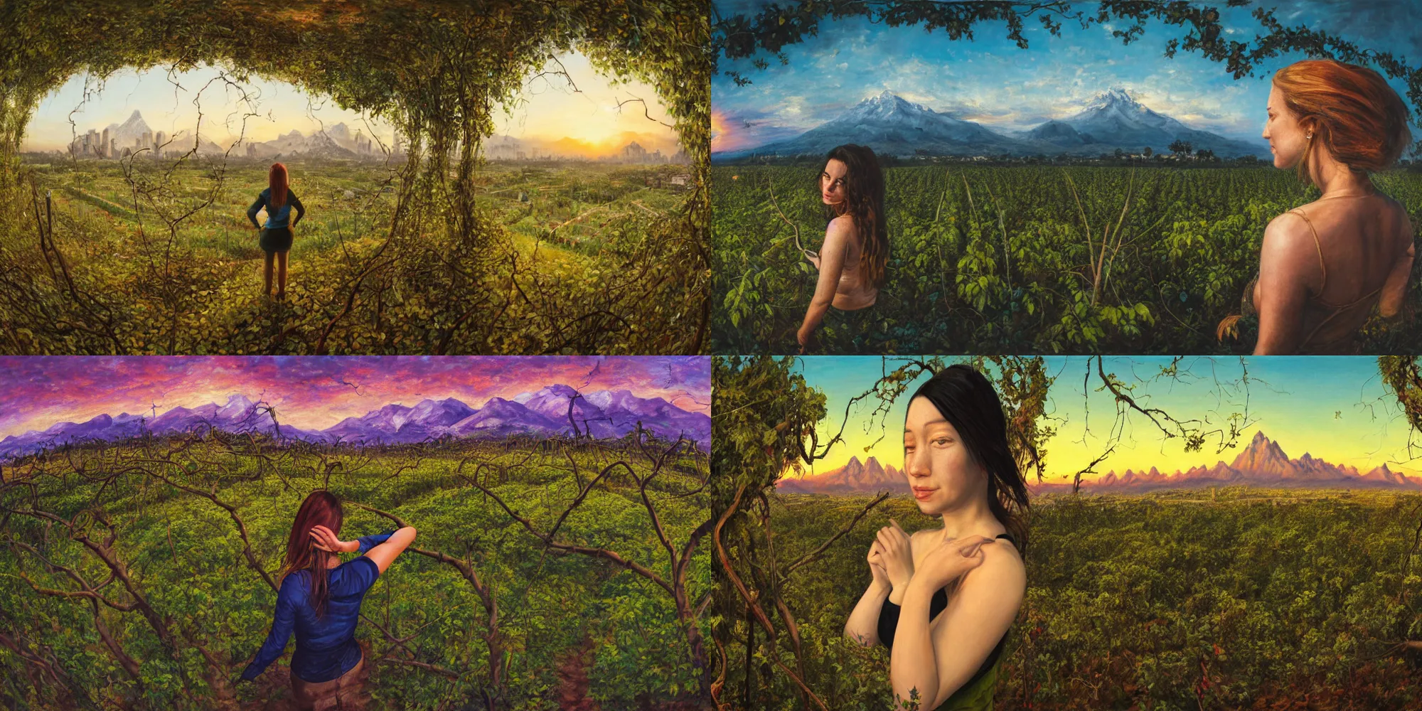 Prompt: oil canvas painting of a woman facing away from the camera, looking over a ruined overgrown city covered in vines and vegetation, with snowy mountain range along the skyline, sunset lighting, low angle, fish eye lens, photorealistic, highly detailed