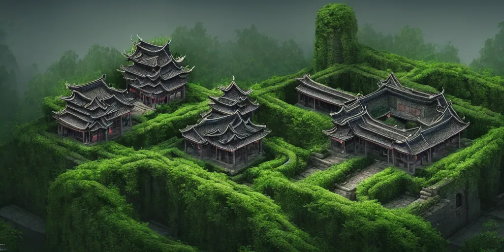 Image similar to giant ancient chinese castle in an forest with some ivy plants on the walls, cinematic, epic, dramatic lighting from above, dark, vines, fantasy, dust, unreal engine, octane, highly detailed, concept art, dark, super realistic