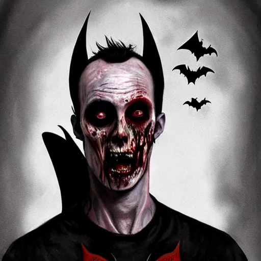 Image similar to color head portrait of young peter murphy as a zombie bat with huge black bat wings in the background, 7 days to die zombie, gritty background, fine art, award winning, intricate, elegant, sharp focus, cinematic lighting, digital painting, 8 k concept art, art by michael hussar, art by brom, art by guweiz and z. w. gu, 8 k