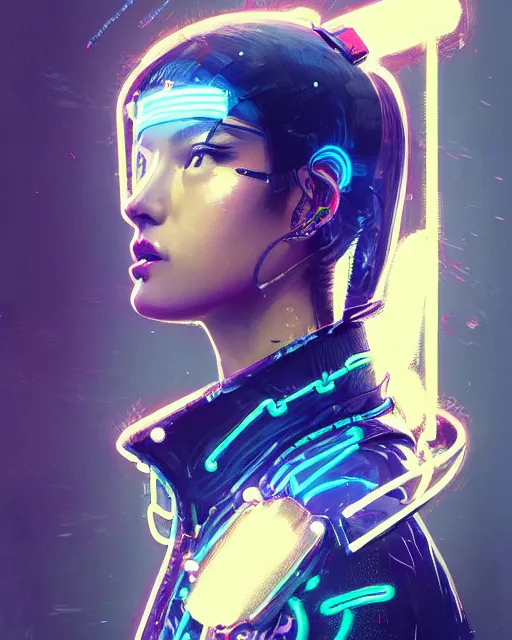 Image similar to detailed side profile portrait Neon Operator Girl, cyberpunk futuristic neon, reflective puffy coat, decorated with traditional Japanese ornaments by Ismail inceoglu dragan bibin hans thoma greg rutkowski Alexandros Pyromallis Nekro Rene Maritte Illustrated, Perfect face, fine details, realistic shaded, fine-face, pretty face