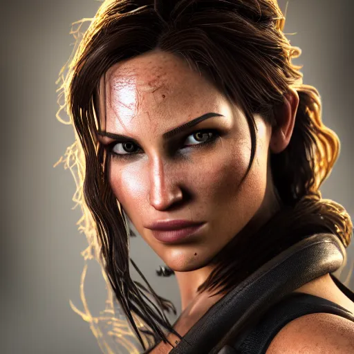 Image similar to photograph portrait of Lara Croft, intricate detail, sigma 85mm f/1.4, 4k, depth of field, high resolution, 4k, 8k, hd