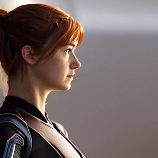 Image similar to A still of Shailene Woodley as Black Widow in Iron Man 2 (2010), close-up