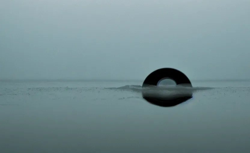 Prompt: extreme low angle camera lens partially submerged in water showing the surface of a lake, scene from a film directed by charlie kaufman ( 2 0 0 1 ), foggy volumetric light morning, extremely moody, cinematic shot on anamorphic lenses