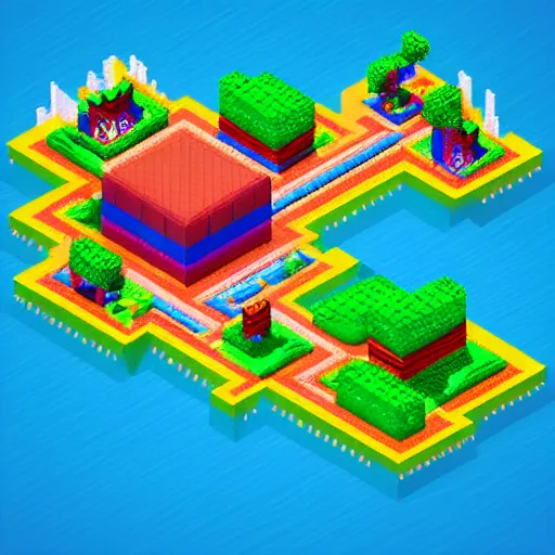 Image similar to Isometric pixel art 3D Fantasy Island, very realistic, no background, very colourful, cinematic lighting, cgi render, trending on Artstation