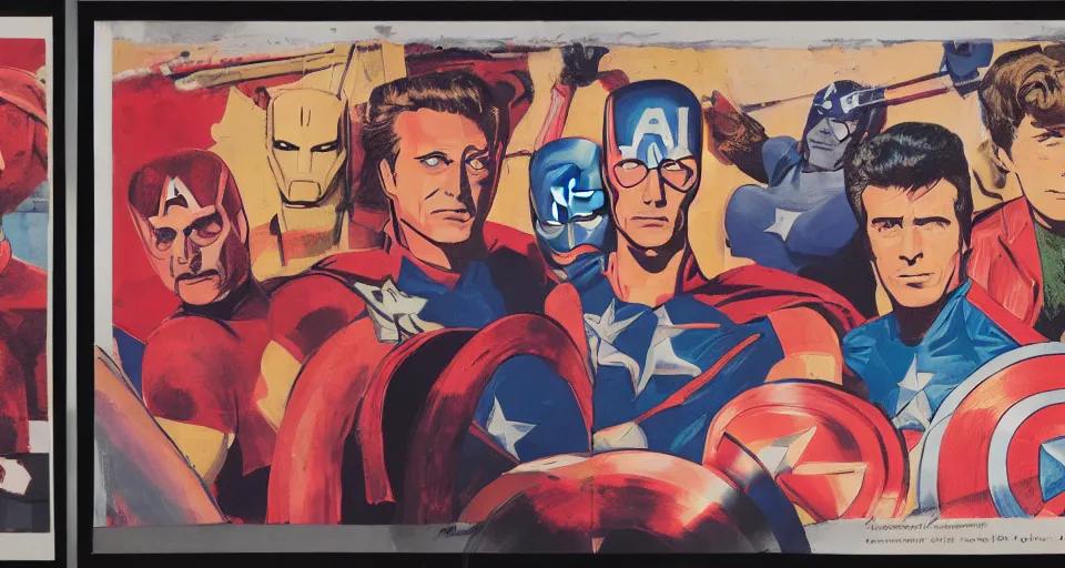 Image similar to A three color offset photography of the Avengers, exhibition, 60s style