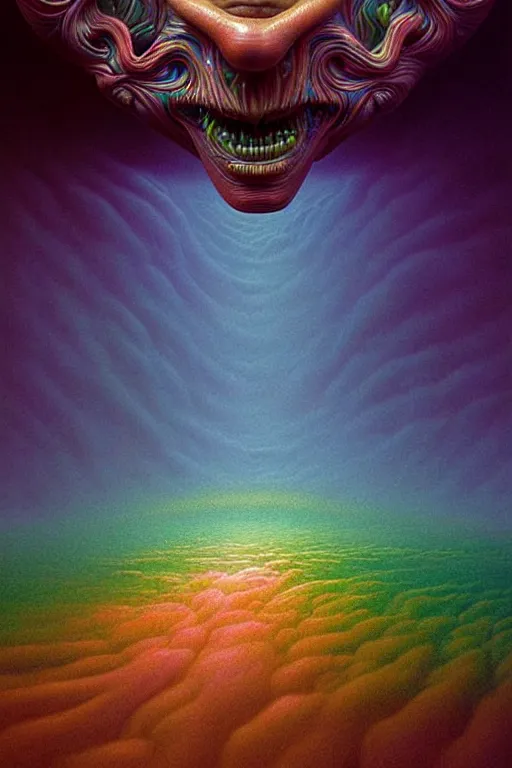 Image similar to hyperrealistic close-up baroque psychedelic!! organic alien!! in another dimension highly detailed concept art eric zener elson peter cinematic hard rainbow lighting high angle hd 8k sharp shallow depth of field, inspired by Zdzisław Beksiński