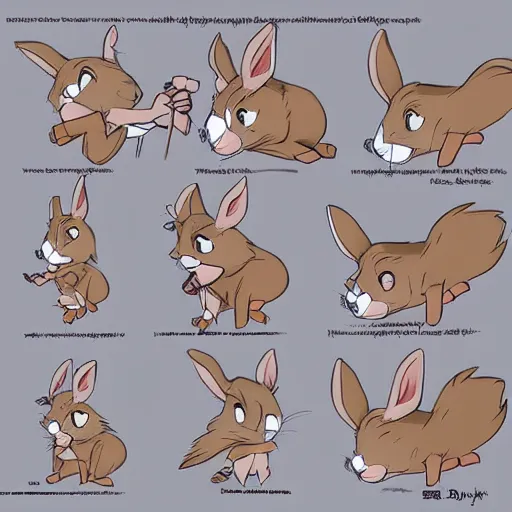 Image similar to very cute kid\'s film character rabbit in the style of Bambi, \'the secret of nimh\' , disney character concept artwork, concept art, detailed animation sheet, anthropomorphic bunny, high detail iconic character for 1997 film, official character sheet by don bluth