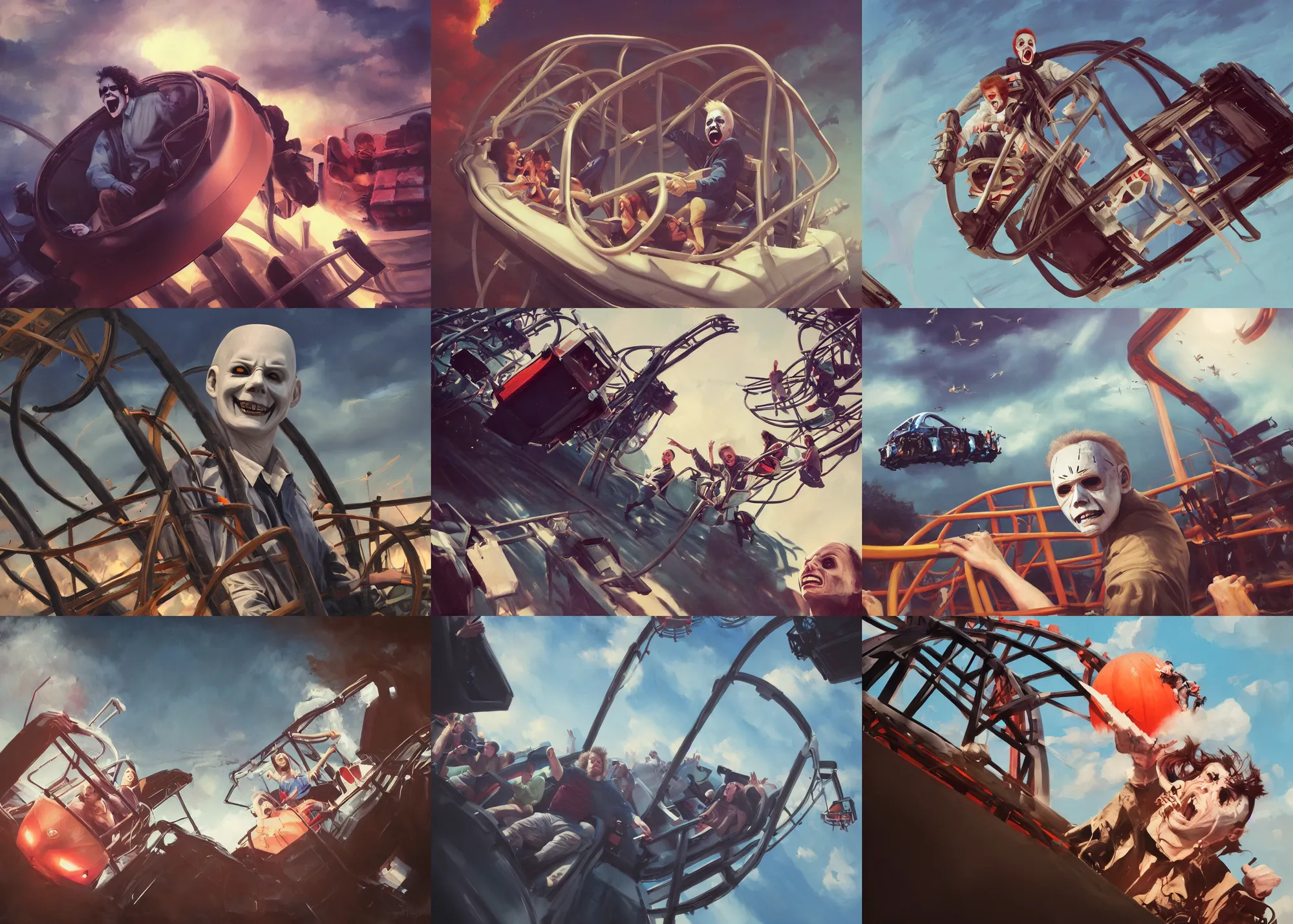 Prompt: portrait painting of Michael Myers having fun in a roller coaster, beautiful sky, sunny, happy, sharp focus, wide shot, trending on ArtStation, masterpiece, by Greg Rutkowski, clear facial features, by Ross Tran, by Fenghua Zhong, octane, soft render, oil on canvas, colorful, cinematic, environmental concept art