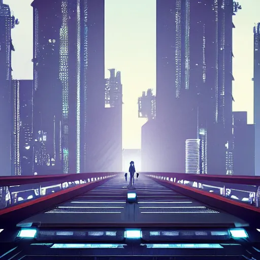 Image similar to a man standing on top of a bridge over a city, cyberpunk art by Vincent Lefevre, behance contest winner, altermodern, cityscape, synthwave, matte painting