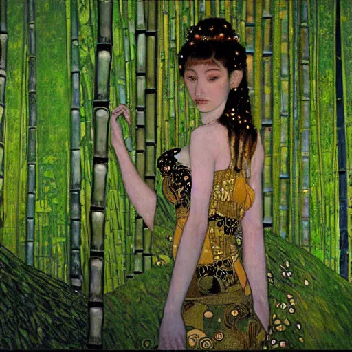 Image similar to fantasy art concept art beautiful lighting of a woman in a bamboo forest by klimt