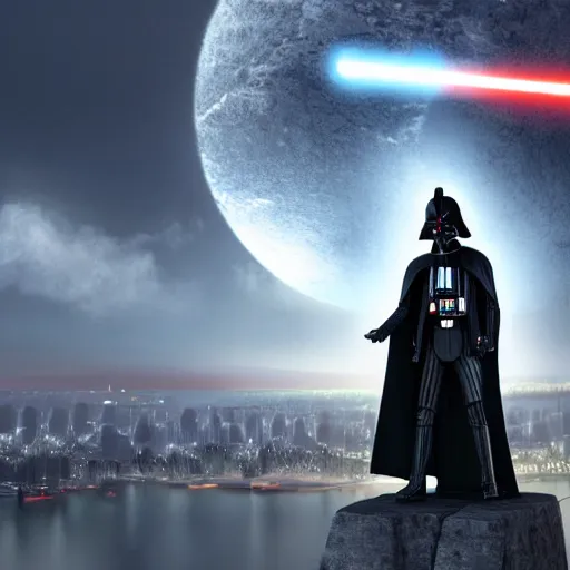 Prompt: an extremely detailed Darth vader standing portrait in front of a highly detailed landscape of a big and structured city inpired by Star Wars, portal to outer space, digital art, 8k, disney render, disney