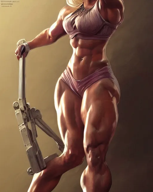 Image similar to full figure ultra realistic illustration, margot robbie as thick female bodybuilder zarya from overwatch, intricate, elegant, highly detailed, digital painting, artstation, concept art, smooth, sharp focus, illustration, art by artgerm and greg rutkowski and alphonse mucha