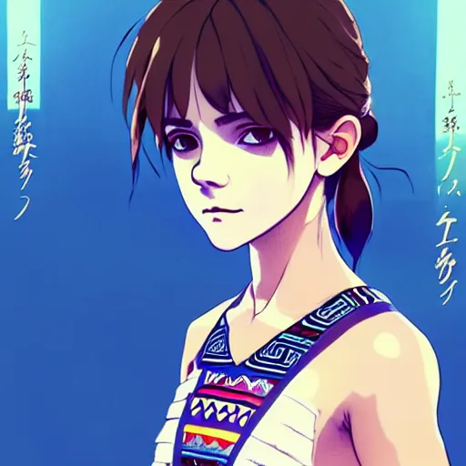 Image similar to a beautiful boyish emma watson alluring instagram model, wearing japanese hiphop aztec leotard outfit with mayan pattern and native style, aztec street fashion bathing suit, botw style, gapmoe yandere grimdark, trending on pixiv fanbox, painted by greg rutkowski makoto shinkai takashi takeuchi studio ghibli, akihiko yoshida