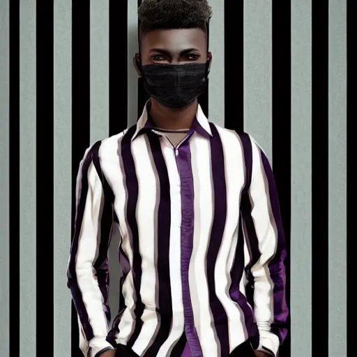 Image similar to professional digital art of a full-body view of a stylish young adult man with short hair wearing a black face mask, a striped long-sleeved shirt, and ripped jeans, high quality, HD, 8K, highly detailed, award-winning, dark purple clouds