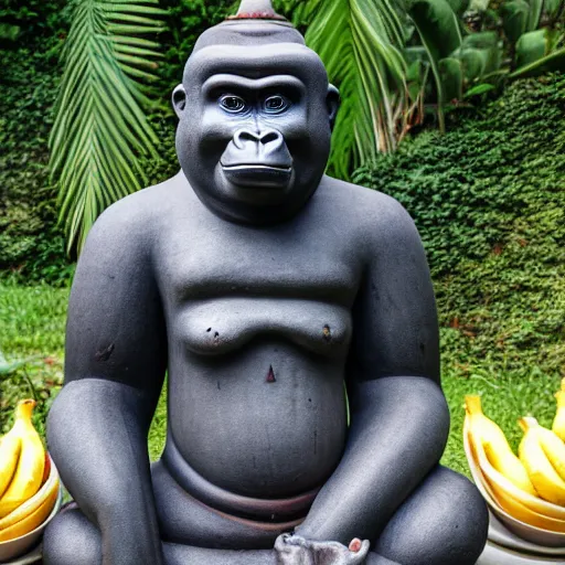 Prompt: buddhist statue of a gorilla holding a large amount of bananas in both arms