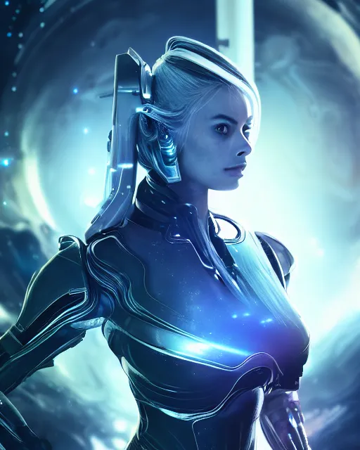 Prompt: photo of a android girl on a mothership, warframe armor, beautiful face, scifi, nebula, futuristic, atmosphere, galaxy, raytracing, dreamy, focused, sparks of light, margot robbie, long white hair, blue cyborg eyes, glowing, 8 k high definition, insanely detailed, intricate, innocent, art by akihiko yoshida