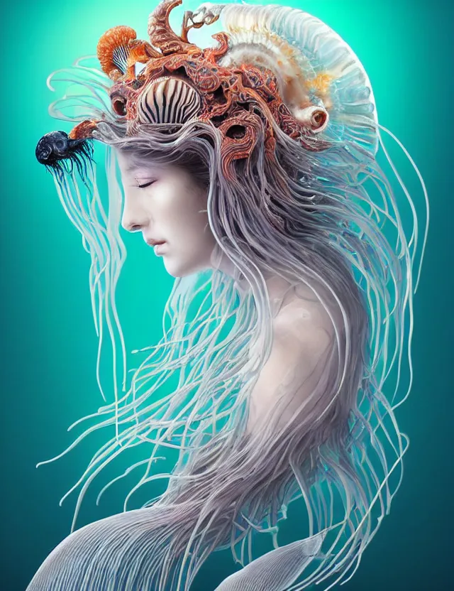 Image similar to 3 d goddess jellyfish half - turn portrait with long hair with ram skull. beautiful intricately detailed japanese crow kitsune mask and clasical japanese kimono. betta fish, jellyfish phoenix, bio luminescent, plasma, ice, water, wind, creature, artwork by tooth wu and wlop and beeple and greg rutkowski