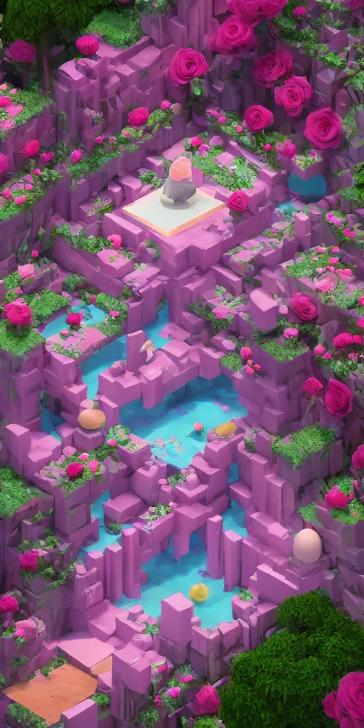 Image similar to Isometric Fantasy Room made of cotton candy and roses, trending on artstation, 4k, 8k, overhead view, unreal engine, octane, artstation 3d, artstation 3d render, artstation photography