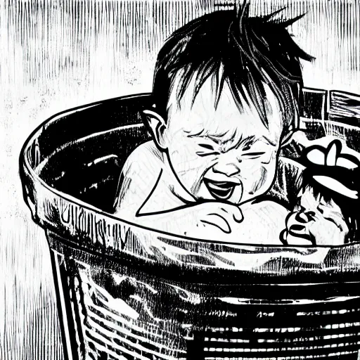 Image similar to baby getting tossed in a trash can, 2d, black on white