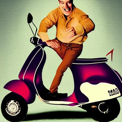 Image similar to a drunk man on a Vespa CGI 90s comedy album cover. Christian Vespa pop album cover.