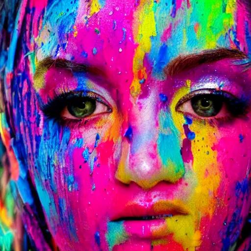 Image similar to a painting of a woman's face created by throwing colourful paint at a wall