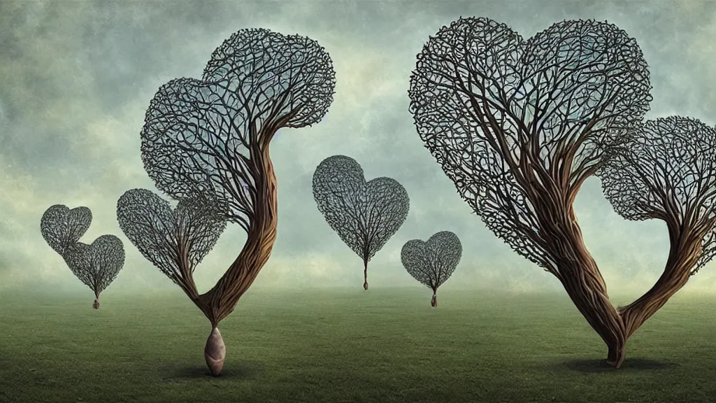 Image similar to surreal landscape, surrealism, fibonacci, heart shaped trees, symmetrical, esao andrews, victor enrich, dali