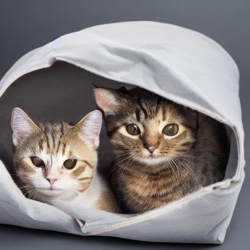 Image similar to a highly detailed photo of multiple furry cats inside a big sack, gray background, studio lighting, 4 k, 8 k