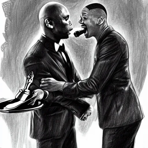 Image similar to pencil sketch of Dave Chappelle slapping Will Smith at the Oscars, highly detailed, award winning art
