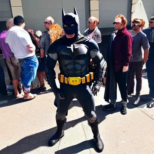 Prompt: batman waiting in line at the dmv holding a bottle of vodka. 4 k paparazzi photo