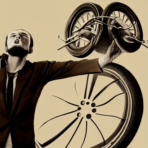 Image similar to man with car wheel on head surreal