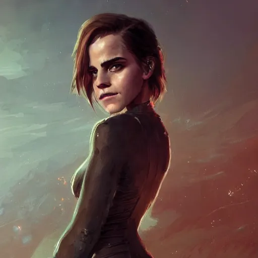 Prompt: a portrait of emma watson wearing skintight dress, post apocalyptic earth in the background as seen by greg rutkowski, dark theme, enchanted, warm colors, high quality, waw, trending on artstation