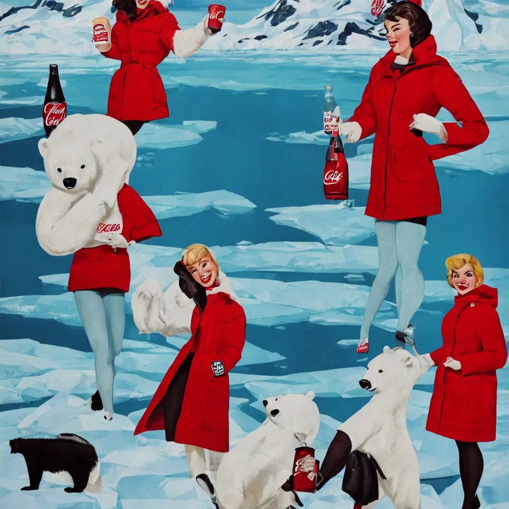 Prompt: woman wearing a parka drinking a bottle of coke in front of an icy polar landscape, polar bear in the far background, coka-cola advertisement, pinup style, retro ad, print advertising, 1960's, trending on artstation