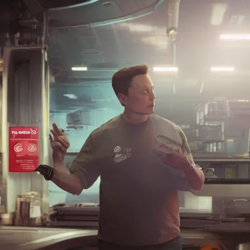 Prompt: elon musk working as a minimum wage employee in 7/11, 30mm photography, realistic artstyle, wide shot, dramatic lighting, octane render, hyperrealistic, high quality, highly detailed, artstation, HD, beautiful, cinematic, 8k, unreal engine, facial accuracy, symmetrical