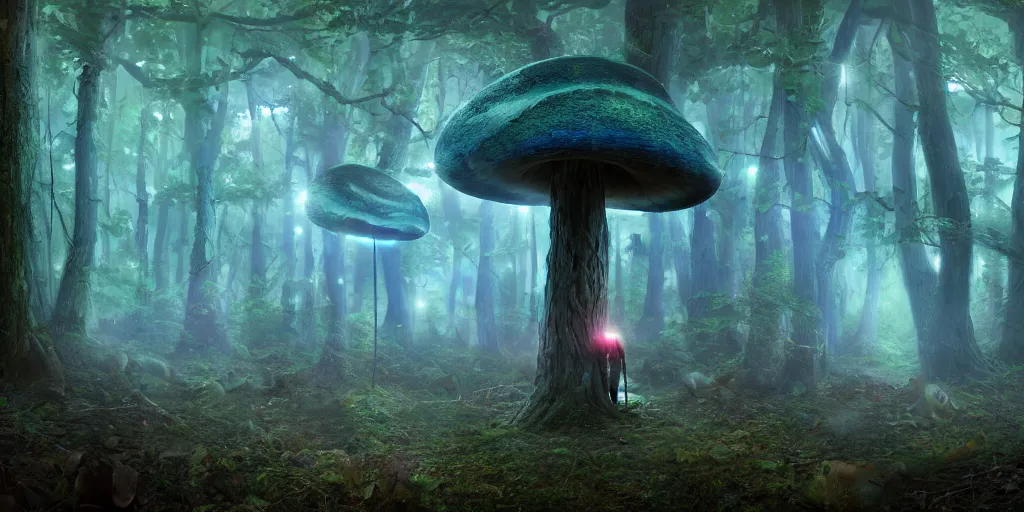 Image similar to a hiker discovers a large portal to an alternate dimension in a dark gloomy foggy fantasy mushroom forest, blue lights suround the portal, large mushrooms, high quality rendering, digital art