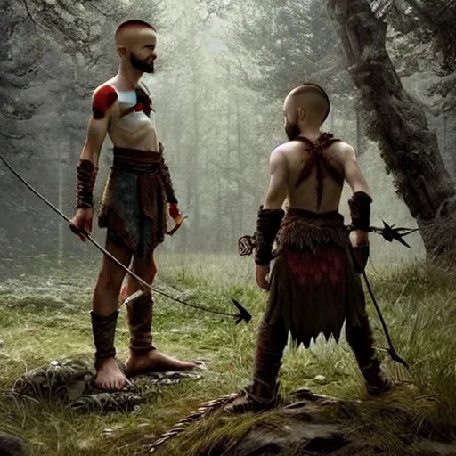 Prompt: kratos teaching atreus how to hunt deer with a bow in a forest, stunning 3 d render inspired art by greg rutkowski and xiang duan and thomas eakes, perfect facial symmetry, flesh texture, realistic, highly detailed attributes and atmosphere, dim volumetric cinematic lighting, 8 k octane detailed render, post - processing, masterpiece, rtx on, rendering on unreal engine