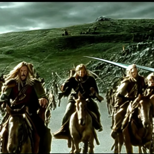 Image similar to still from lord of the rings showing the ride of the rohirrim, riding toward minas tirith on skateboards