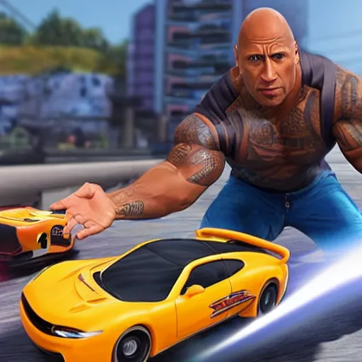 Prompt: dwayne johnson in hotwheels acceleracers