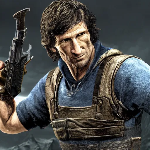 Image similar to todd howard pointing a gun towards the camera and forcing you to buy skyrim, threatening, sharp, cinematic, colorful,