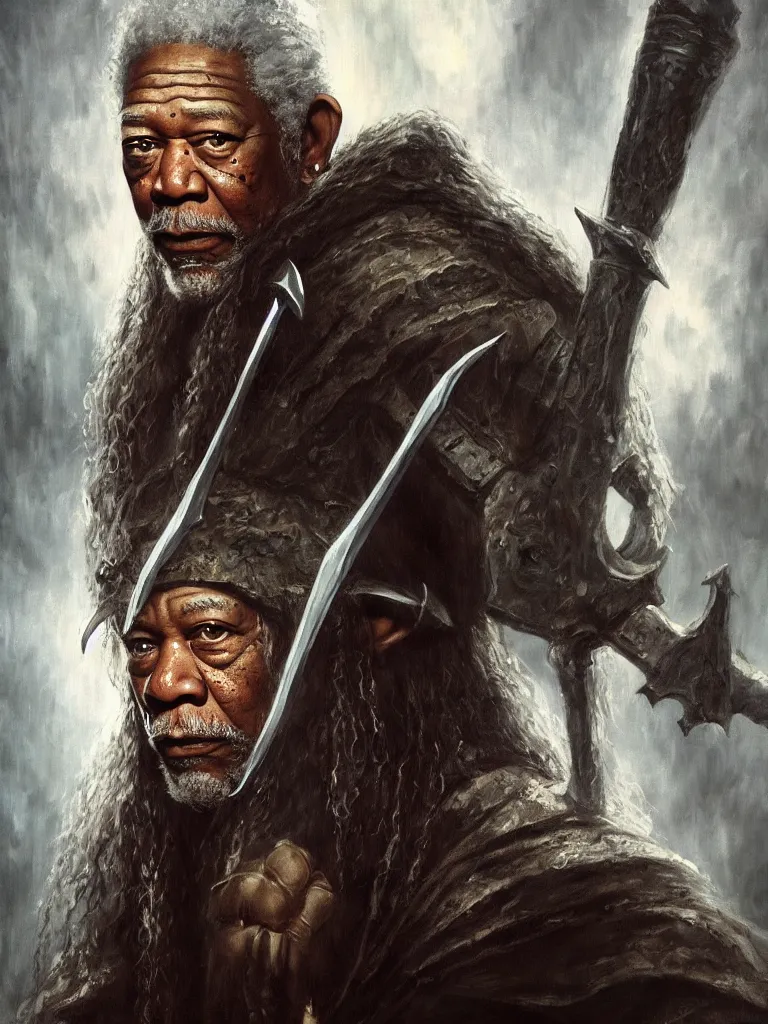 Prompt: morgan freeman starring as gimli in lord of the rings, full body, epic dark fantasy horror stylized oil painting by ivan shiskin. trending on artstation