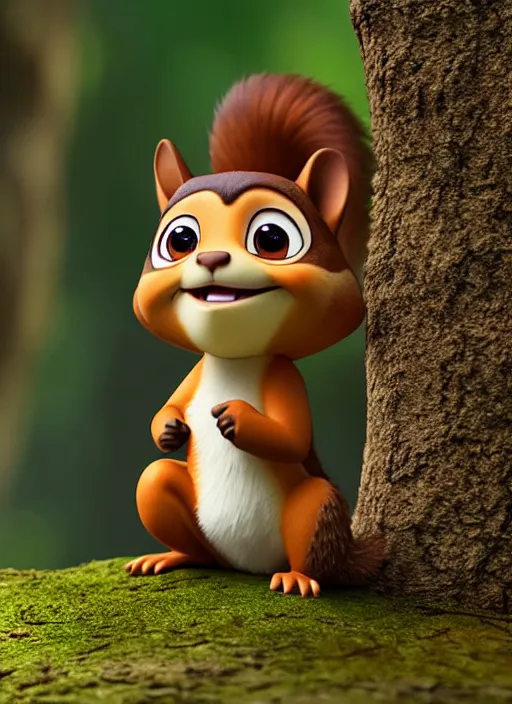 Image similar to squirrel as nendoroid walking in the woods in the croods movie style, anime, disney, pixar, 8 k, hd, dof, kodak film, volumetric lighting, subsurface scattering, photorealistic, octane render, details