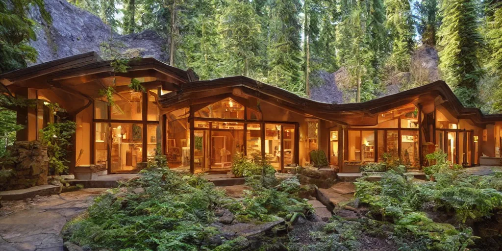 Image similar to residence in the style of rivendell, pacific northwest