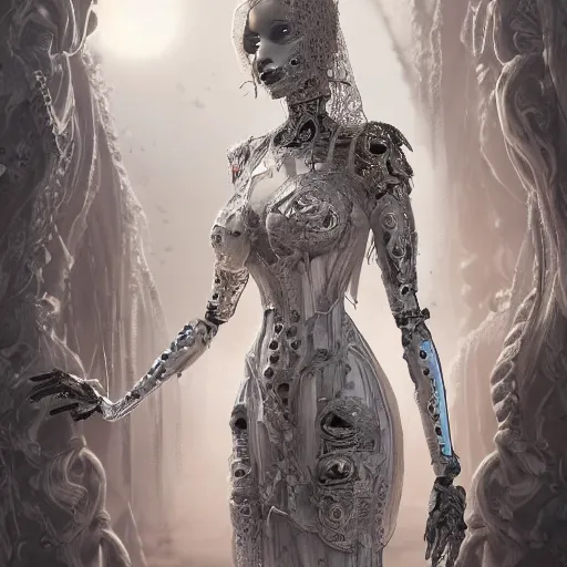 Image similar to female gothic robots with human organ and face, dressed in white intricate lace, veils and jewels, epic environment, matte painting, diffused lighting, highly detailed, cinematic, epic atmosphere, digital art, trending on artstation, wide angle