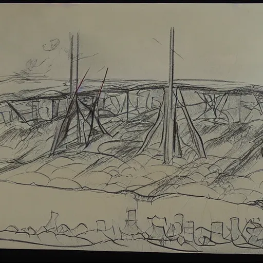 Image similar to milt kahl sketch of world war 1 trenches with the city of miami in the background