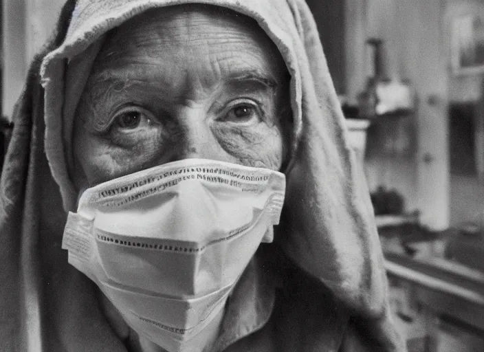 Image similar to cinematic mid shot of a high detail, vivian dorothy maier, with surgical mask. where's wally, line drawing by van gogh, and mother theresa