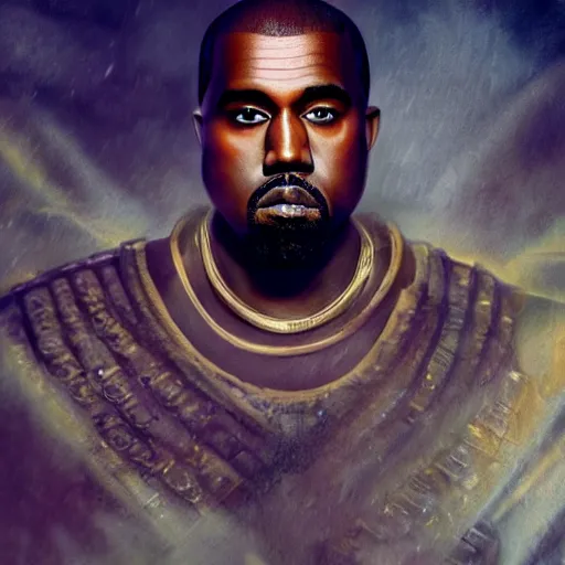 Image similar to Portrait of Kanye West as the god-emperor of mankind, amazing splashscreen artwork, splash art, natural light, elegant, intricate, fantasy, atmospheric lighting, cinematic, matte painting