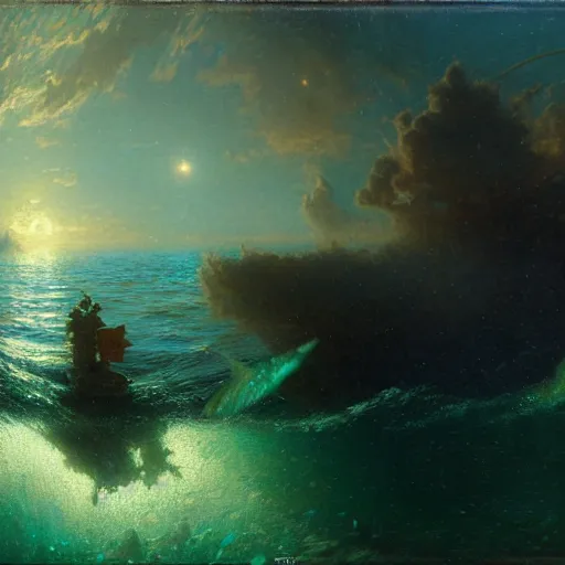 Image similar to point of view of deep in the ocean looking up, you see fishes, higher the milk way, night time, midnight. highly detailed painting by gaston bussiere, greg rutkowski 8 k